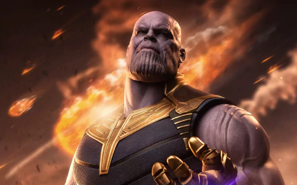 Thanos from Avengers: Infinity War stands amid fiery meteors in this detailed 4K Ultra HD PC desktop wallpaper and background.