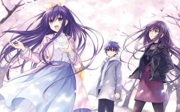 HD desktop wallpaper featuring Tohka Yatogami and Shido Itsuka from the anime Date A Live amidst a beautiful cherry blossom background.