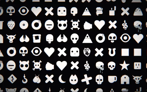 HD PC desktop wallpaper featuring a pattern of various stylized icons inspired by the TV show Love Death & Robots.