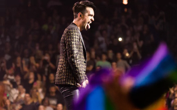 HD desktop wallpaper of Panic! at the Disco concert with performer onstage in front of cheering crowd.