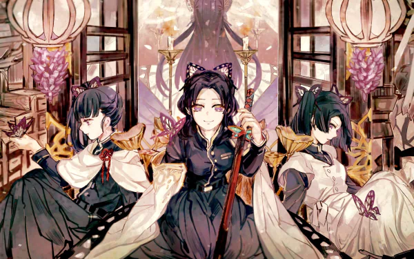 HD anime desktop wallpaper featuring Shinobu Kochou, Kanao Tsuyuri, and Aoi Kanzaki from Demon Slayer: Kimetsu no Yaiba in a detailed, serene setting.