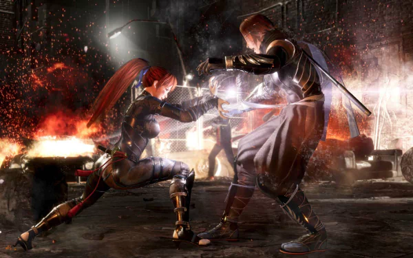 HD wallpaper of Kasumi battling an opponent in Dead or Alive 6 with a fiery explosion in the background.