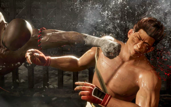 HD desktop wallpaper from Dead or Alive 6 featuring an intense close-up fight scene with dynamic water splash effects.