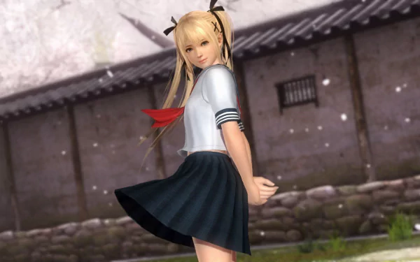 HD wallpaper of Marie Rose from Dead or Alive 6, featuring the character in a school outfit with a traditional Japanese backdrop.